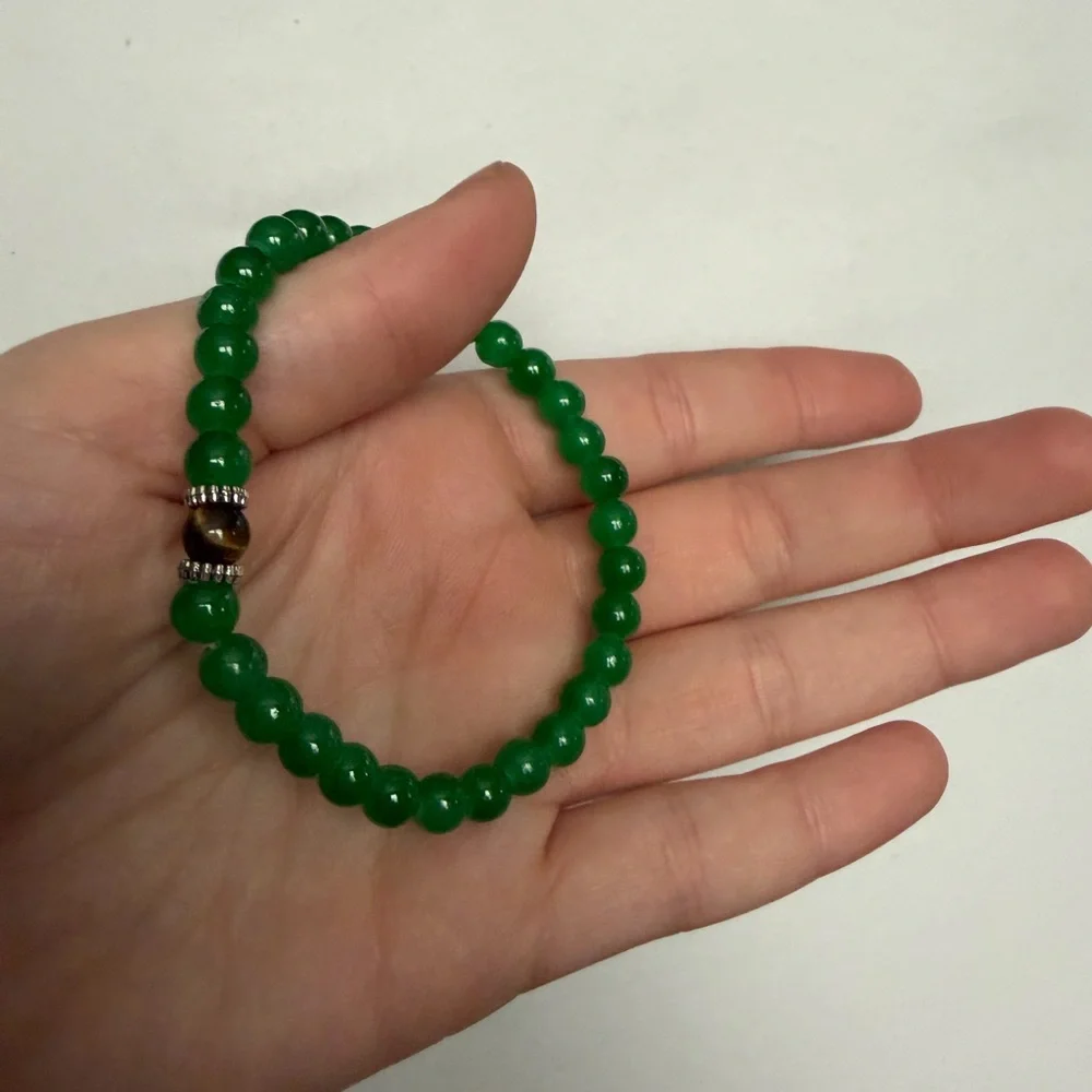 Jade / Tiger’s Eye Beaded Stretchy Bracelet with silver accents